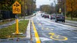 © BloomArt - A yellow sign with a bicycle and pedestrian symbol indicates a shared lane for cyclists and pedestrians on a wet, urban road with yellow markings.