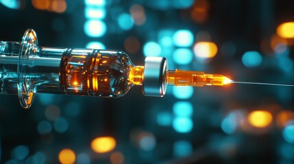 Poster - A syringe is being used to inject a liquid into a glass bottle