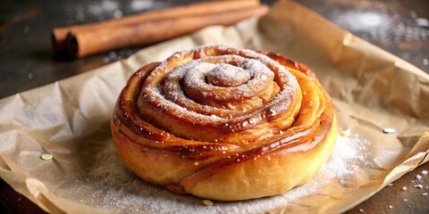 Poster - A single cinnamon roll, dusted with powdered sugar, rests on parchment paper, ready to be savored.