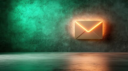 Poster - An atmospheric image highlighting a glowing envelope symbol projecting strong light on a textured wall, representing communication in a modern artistic context.