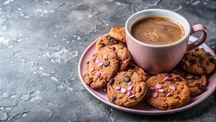 Poster - A Cup of Coffee with Chocolate Chip Cookies and Pink Sprinkles on a Pink Plate