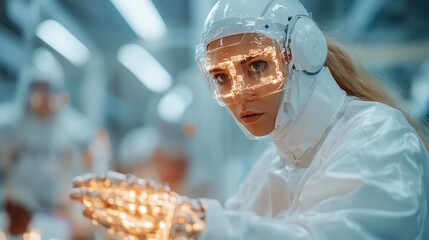 Poster - A person in advanced laboratory attire examines glowing tech hologram, showcasing futuristic innovation, science, and cutting-edge technology in a high-tech setting.