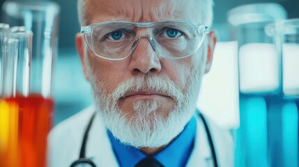 Poster - A stern-looking scientist observes colorful liquid experiments in test tubes, emphasizing a serious approach to scientific research.