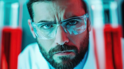 Poster - A focused scientist examines red liquids in test tubes, wearing protective eyewear in a brightly lit laboratory setting.