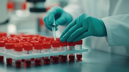Poster - A lab technician with green gloves uses a pipette to transfer liquid into red-capped test tubes on a laboratory bench.