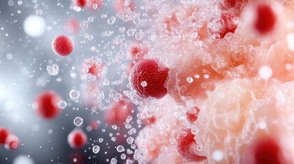 Poster - This abstract artwork features vibrant red cells suspended in a liquid environment, capturing the intricate beauty and complexity of cellular structures and dynamics.