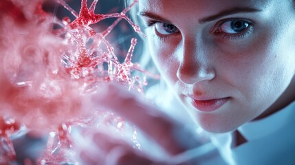 Poster - A scientist intensely examines a complex red neural network, symbolizing the intricate connections of mind and technology, in a contemporary scientific exploration.