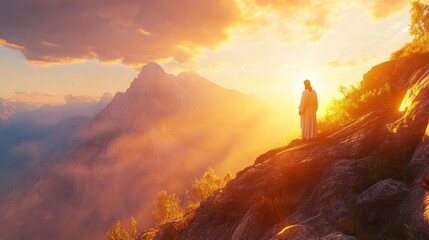 Poster - A man stands on a mountain top, looking out at the sunset