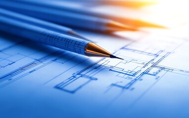 Poster - A close-up of drafting pens resting on architectural blueprints, showcasing precision and creativity in design.