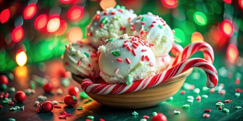 Poster - Festive White Chocolate Treats Nestled in a Candy Cane Bowl with Sprinkles and a Bokeh Background