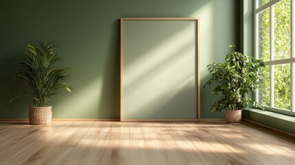 Poster - A minimalist room is lit by natural light from a large window, with a potted plant adding a touch of greenery, and an empty wooden frame on the floor.