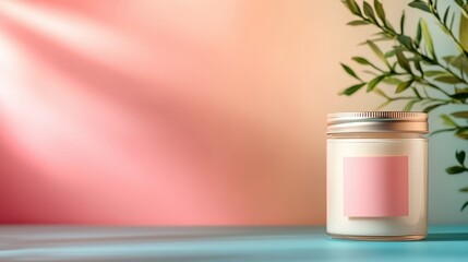 Poster - A lit candle with a pink label sits on a colorful abstract background, with greenery to the side, creating a warm and inviting atmosphere perfect for relaxation.