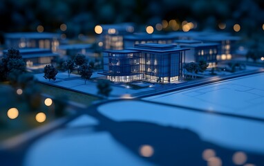 Aufkleber - A serene night view of modern architecture illuminated by soft lights, surrounded by a tranquil landscape.