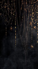 Poster - A spider web with gold strings and a few spiders hanging from it