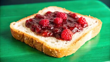 Poster - A slice of bread topped with homemade raspberry jam and fresh raspberries, creating a delicious and visually appealing breakfast treat.