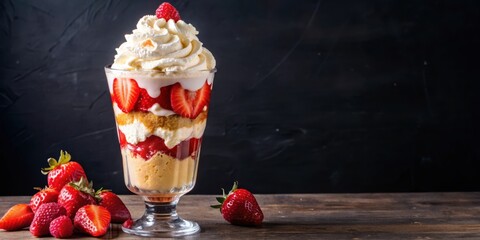 Aufkleber - A layered dessert with whipped cream, strawberries and cake in a glass, on a rustic wooden table against a dark background