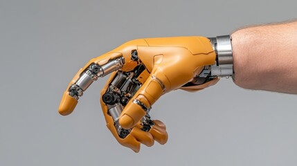 Poster - An impressive orange robotic hand crafted for high functionality, with detailed visible joint mechanics, highlighting advanced engineering and design.