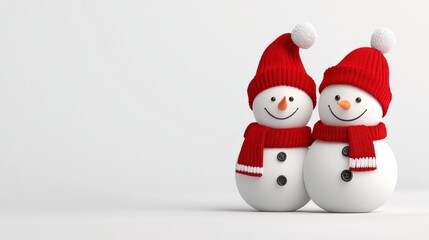 Wall Mural - Two snowmen wearing red hats and scarves are standing next to each other on a white background