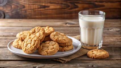 Poster - A plate of freshly baked cookies, golden brown and soft, arranged in a tempting stack, ready to be paired with a glass of chilled milk, a perfect combination for a sweet treat