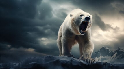 Wall Mural - a formidable polar bear roars on an icy landscape under a stormy sky, capturing the raw power and ma