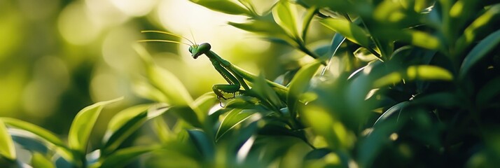 Green Praying Mantis on a Branch.
