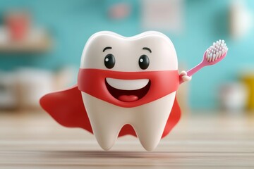 toothbrush with a red cape on it is smiling and holding a toothbrush. The toothbrush is wearing a cape and he is a superhero