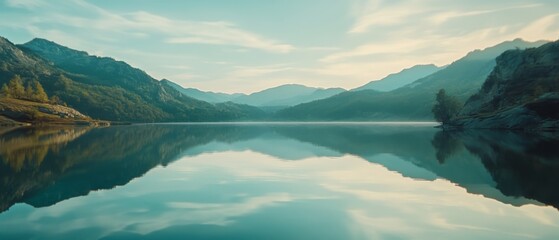 Wall Mural - Majestic mountains reflecting on a tranquil, glassy lake surface under a vast, serene sky at dawn.