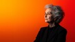 © f. - Elegant portrait of a mature woman against a vibrant red and orange gradient background