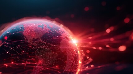 Poster - A dynamic digital globe dazzles with a red light network pattern, symbolizing advanced technology, data flow, and the interconnected world in a futuristic style.