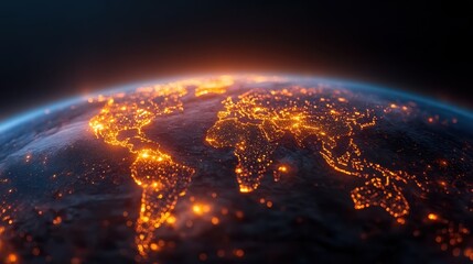 Poster - A striking illuminated world map highlights global connectivity with glowing lights marking major cities, symbolizing international travel and communication networks.