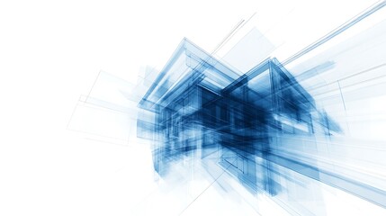 Poster - A futuristic, abstract architectural design rendered in shades of blue, conveying motion and innovation in a minimalist style.