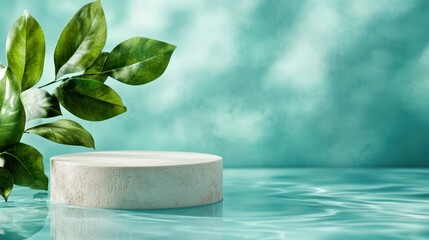 Poster - A minimalist design features vibrant green leaves and a circular white platform that sits softly against a light aqua background, highlighting tranquility and elegance.