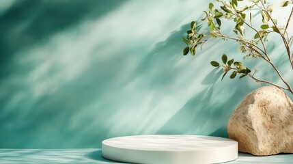 Poster - A serene, balanced exhibit with a rock and delicate plant on a circular platform, set against a soft mint background to evoke calm and natural beauty.
