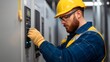 © tuiphotoengineer - Skilled Electrical Technician in Uniform Hardhat Inspecting and Maintaining Industrial Electrical Control Panel at Commercial or Industrial Work Site