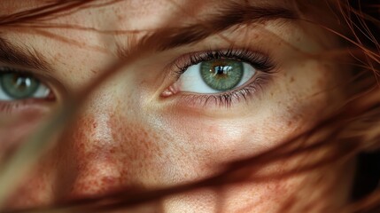 Poster - A detailed close-up of an eye surrounded by freckles, framed by strands of hair, with sunlight creating dramatic shadows across the face.