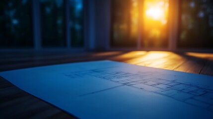 Fototapete - A blueprint lies on a wooden floor, illuminated by warm sunlight streaming in through a window, creating a serene atmosphere.