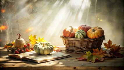 Poster - A Basket of Pumpkins and Autumn Leaves Resting on a Wooden Table, Bathed in Golden Sunlight