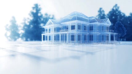 Poster - A digitally rendered house design with a transparent and modern aesthetic, surrounded by blurred trees, symbolizing innovation in architecture.