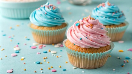 Wall Mural - Colorful cupcakes with pink and blue frosting, topped with sprinkles, set against a soft pastel background. Perfect for sweet treats and festive dessert themes.

