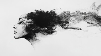 Wall Mural - Black Ink Abstract Portrait of a Woman with Eyes Closed and Hair Flowing into Abstract Shapes on a White Background