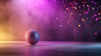 Poster - A glitter ball placed atop a smooth surface in a festive backdrop with multicolored confetti flying around it, embodies celebration and fun, perfect for party themes.