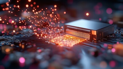 Poster - The advanced microchip is showcased with a shower of sparks on an intricate circuit, symbolizing the cutting-edge progress and energy driving technology.