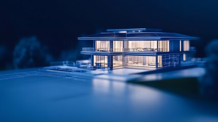 Fototapete - A sleek, modern architectural model lit softly, showcasing a contemporary house design amidst a tranquil blue background.