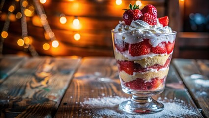 Aufkleber - A Festive Dessert with Layers of Cream and Strawberries on a Wooden Table with a Bokeh Background
