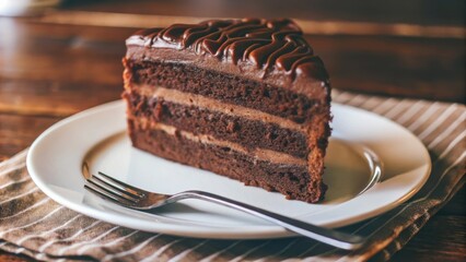 A single slice of chocolate cake, layered with rich frosting, sits on a white plate with a fork beside it, ready to be enjoyed.