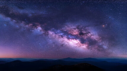 Wall Mural - A panoramic view of the Milky Way Galaxy shining brightly over a dark mountain range.