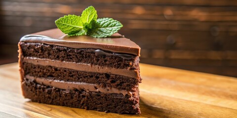 Poster - A single slice of decadent chocolate cake adorned with fresh mint leaves, resting upon a rustic wooden surface