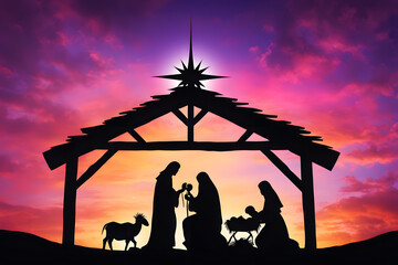 Silhouette of a christmas nativity scene with mary joseph and baby jesus set against a vibrant sun, Ai Generated