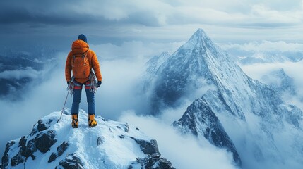 at the peak of the majestic mountain peak, a mountain climber stood victoriously