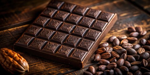 Poster - A rich dark chocolate bar with intricate designs rests on a rustic wooden surface, surrounded by a scattering of roasted coffee beans, inviting a sensory experience.
